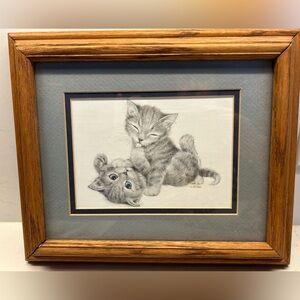 Vintage Virginia Miller Charcoal Drawing Offset Print 2 Kittens playing framed